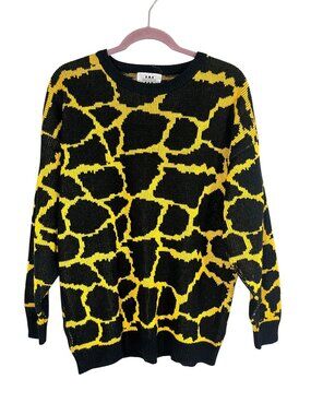Vintage Chunky Animal Print Knit Sweater Black L Retro Mod Colorful 90s Giraffe